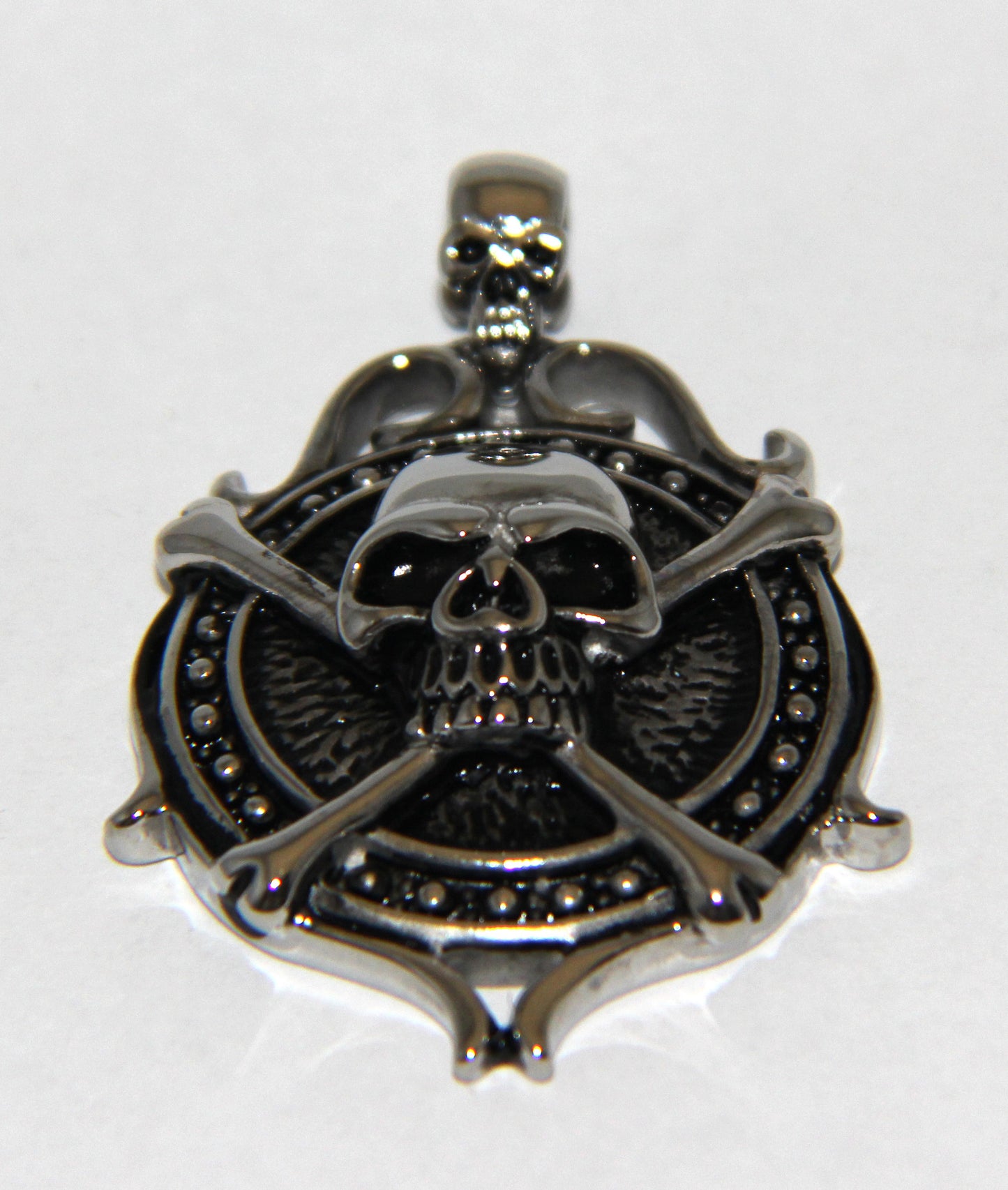 Stainless Steel Skull Shield with Cross and Bone- UDINC0486