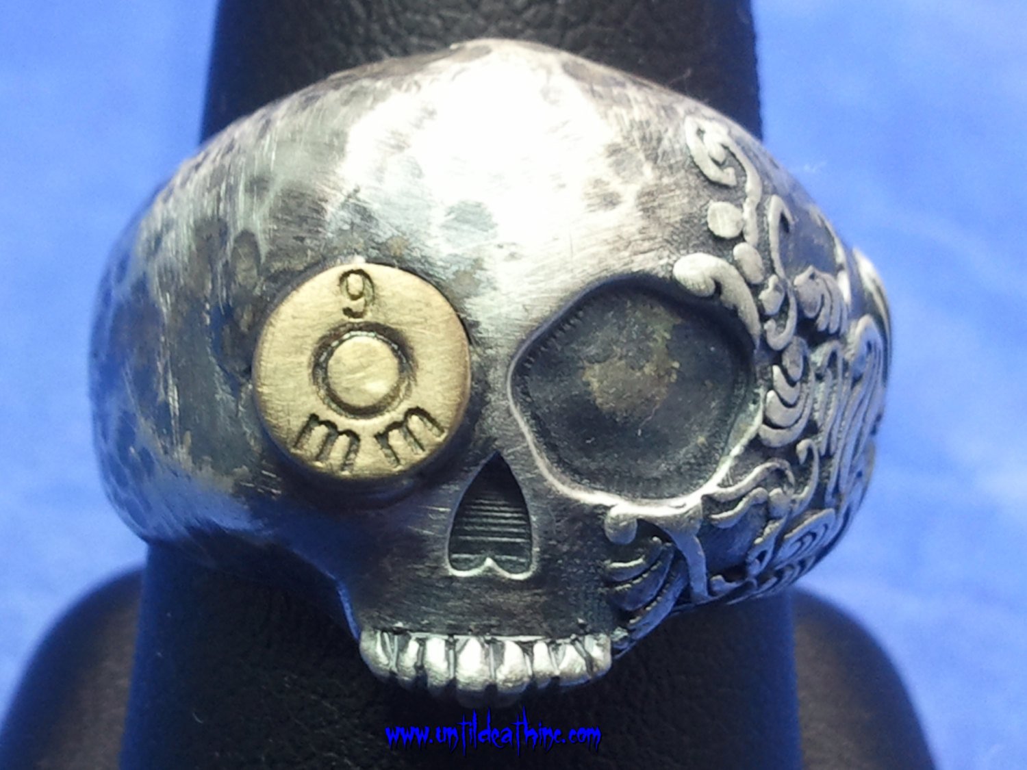Hammered Fiji Skull Ring With Bullet in Eye in STERLING SILVER
