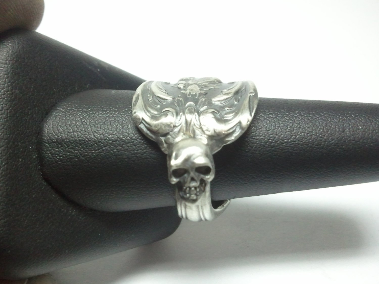 Antique Victorian Spoon Ring With skull accent 925 Sterling Silver Ring. Size 11.5 US Custom Made to Order in USA