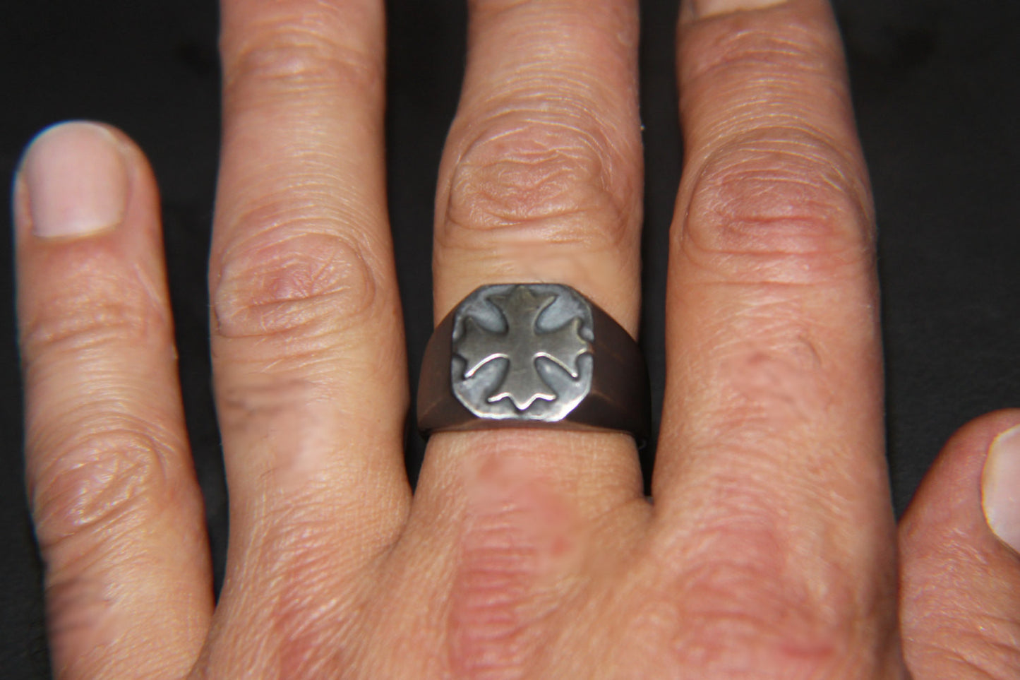 Until Death, Inc. Maltese Cross Signet Ring Gun Metal Finish. Solid 925 Sterling Silver.-UDINC0028