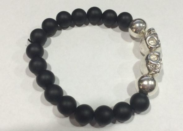 Black Onyx Bead Bracelet with STERLING SILVER Skull Beads- UDINC0440