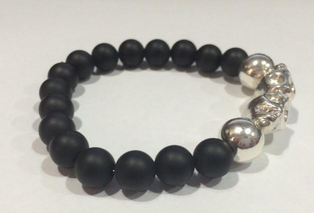 Black Onyx Bead Bracelet with STERLING SILVER Skull Beads- UDINC0440