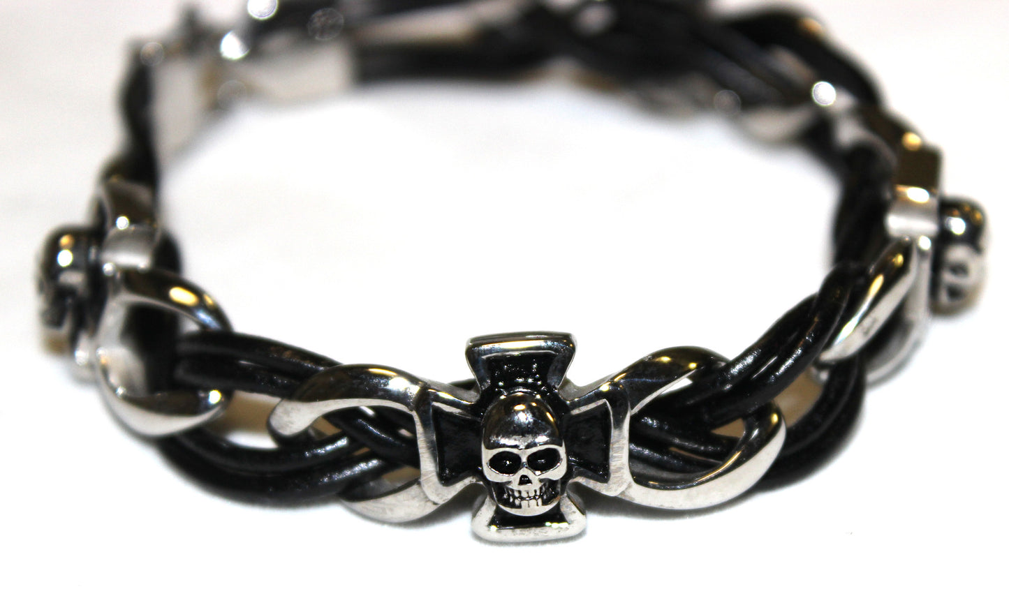 Stainless Steel Cross and Skull Leather Bracelet- UDINC0437