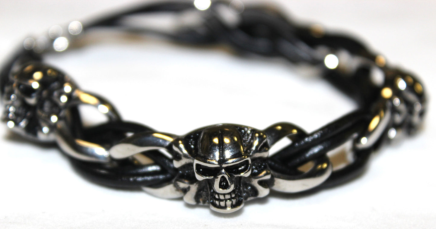 Stainless Steel Skull and Bone Leather Bracelet -UDINC0441