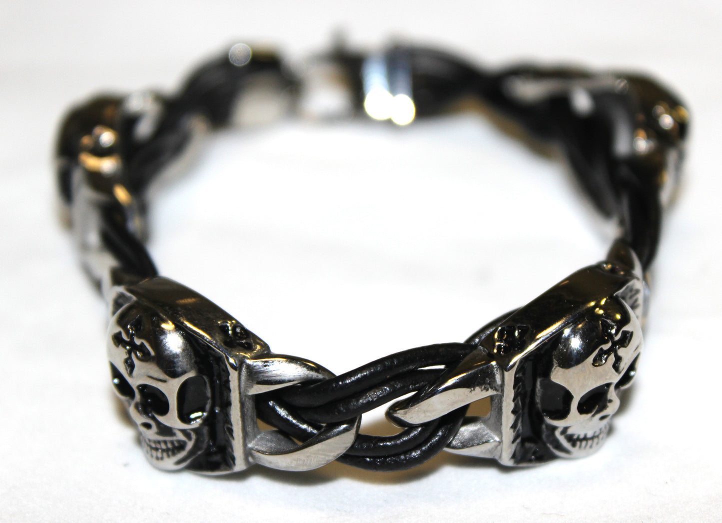 Stainless Steel Skull with Small Cross Leather Bracelet - UDINC0446