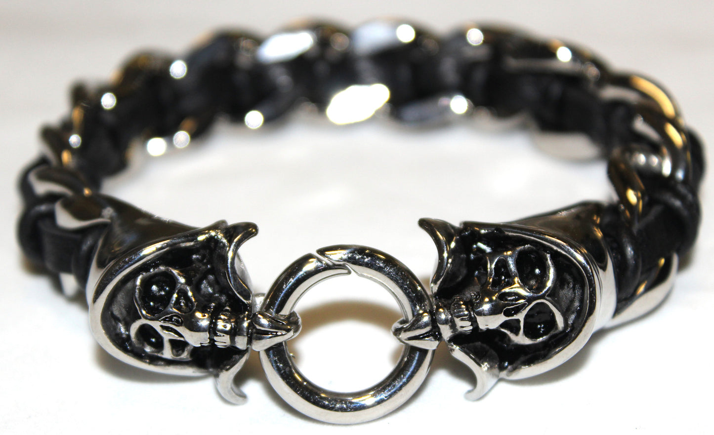Stainless Steel Grim Reaper Leather and Chain Bracelet- UDINC0448