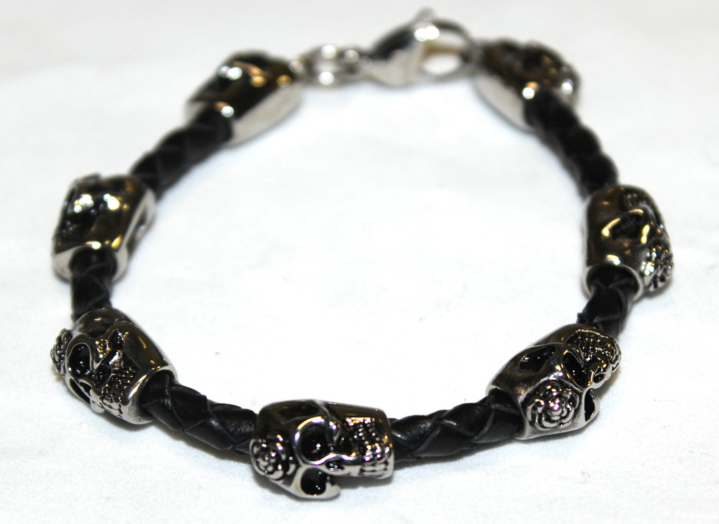 Stainless Steel Day of the Dead Skull Beads with Leather Bracelet- UDINC0451