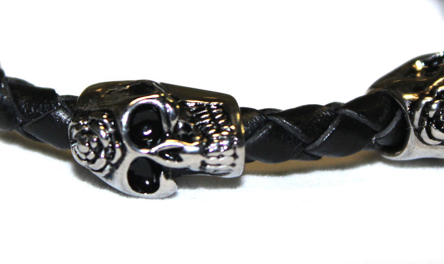 Stainless Steel Day of the Dead Skull Beads with Leather Bracelet- UDINC0451