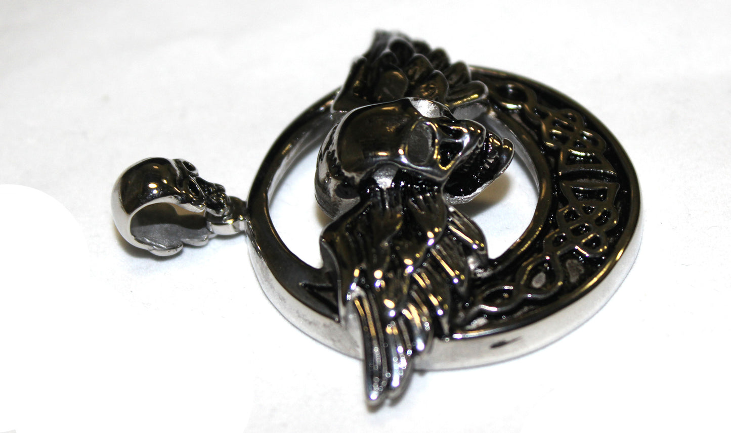 Stainless Steel Circle Skull with Wings Pendant- UDINC0470