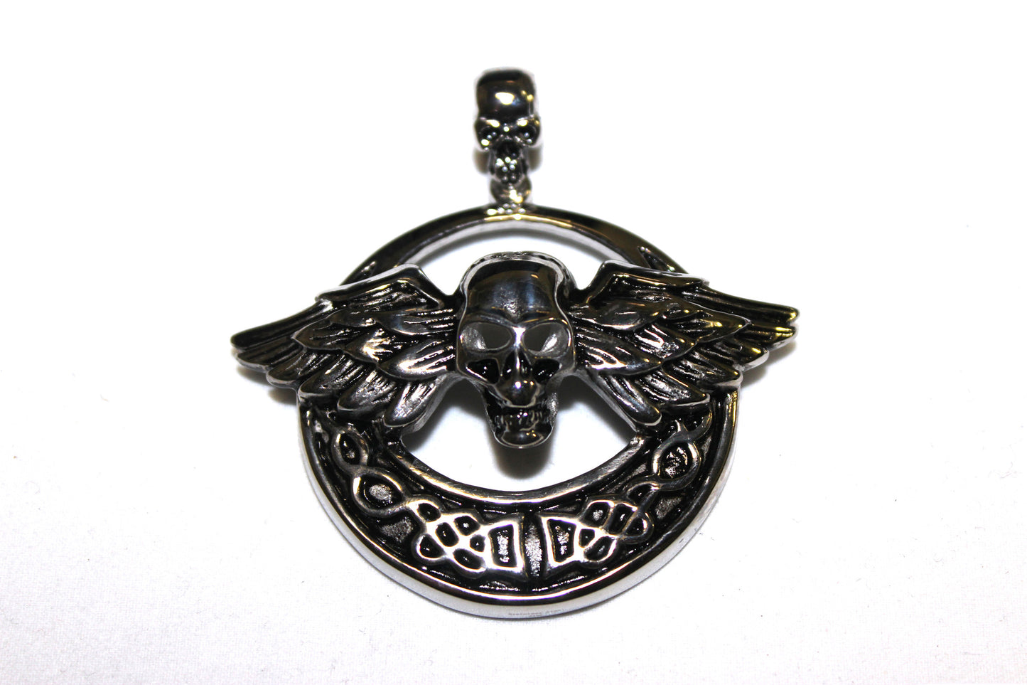 Stainless Steel Circle Skull with Wings Pendant- UDINC0470