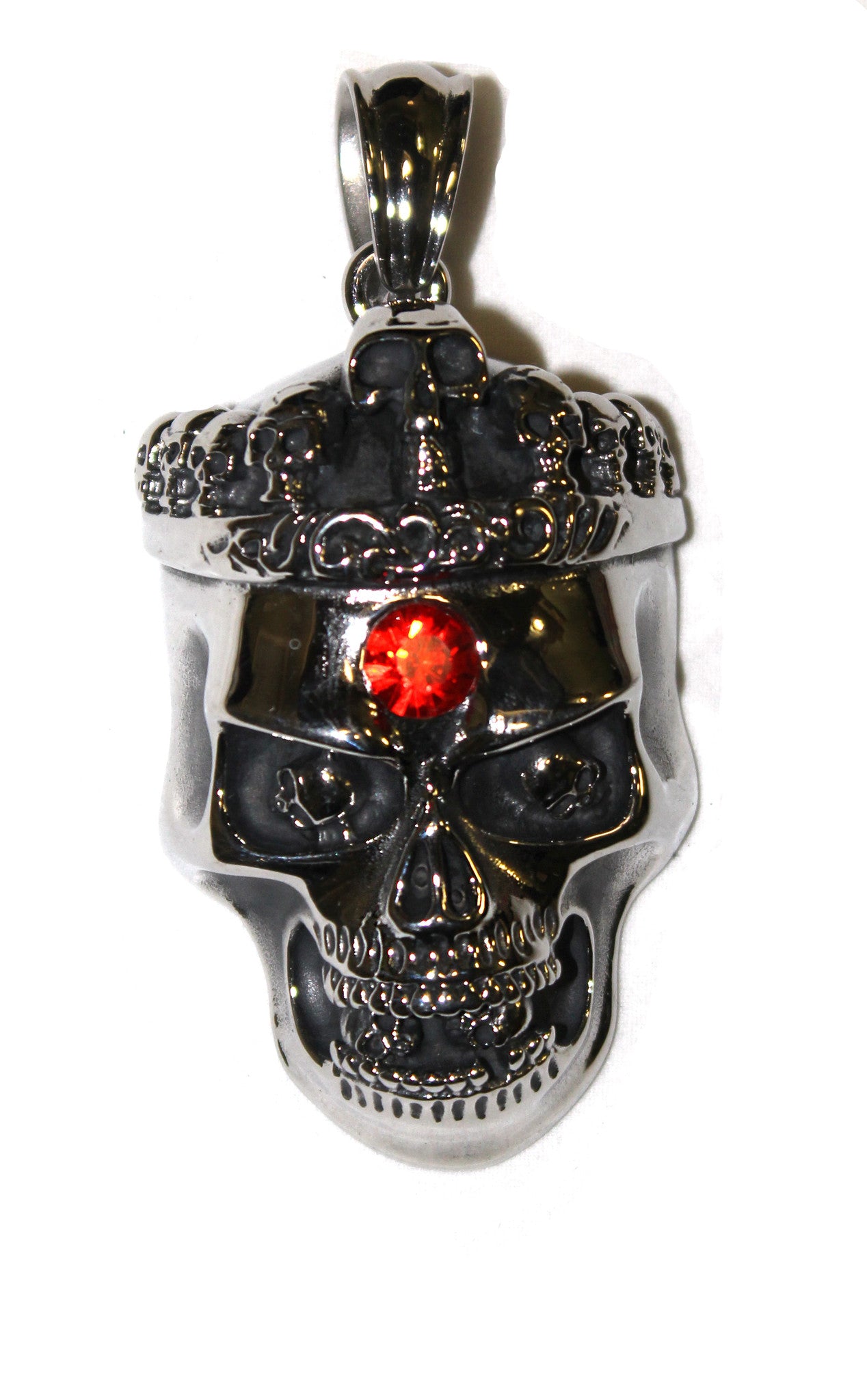 Stainless Steel Large Skull Crown with Red Stone Pendant- UDINC0472