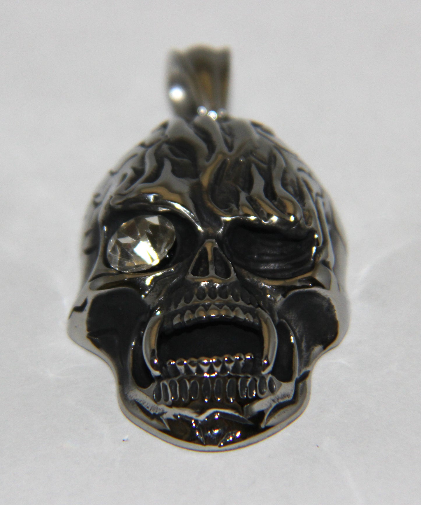 Stainless Steel Large Vampire Skull Pendant with White Stone- UDINC0475