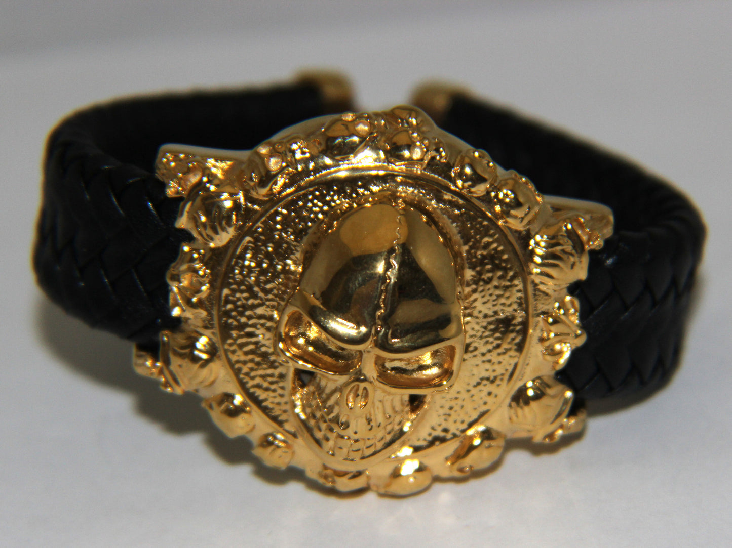 Stainless Steel Yellow Gold Plated Large Skull Leather Bracelet - UDINC0440