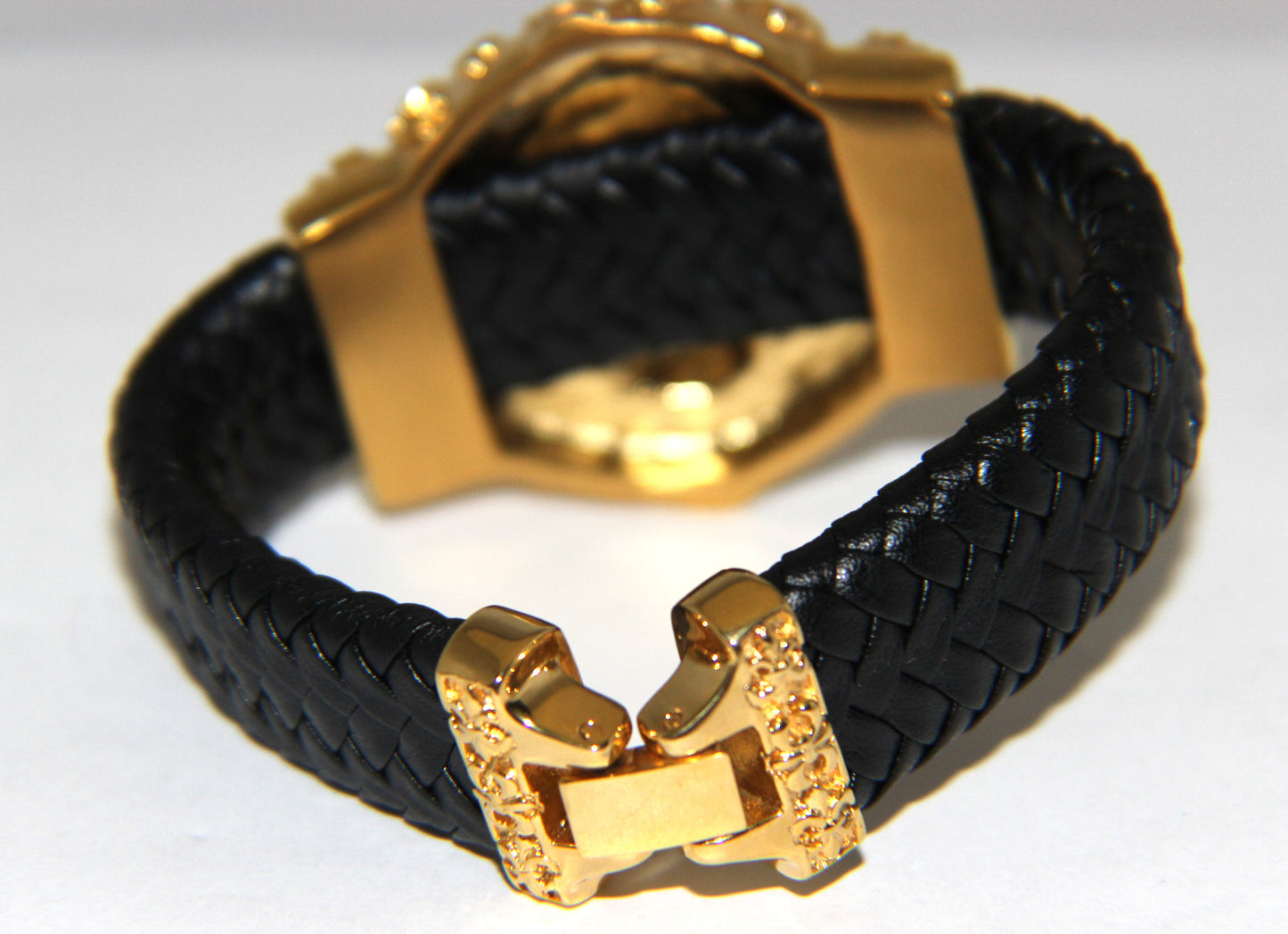 Stainless Steel Yellow Gold Plated Large Skull Leather Bracelet - UDINC0440