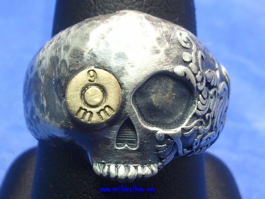 Hammered Fiji Skull Ring With Bullet in Eye in STERLING SILVER-UDINC0024