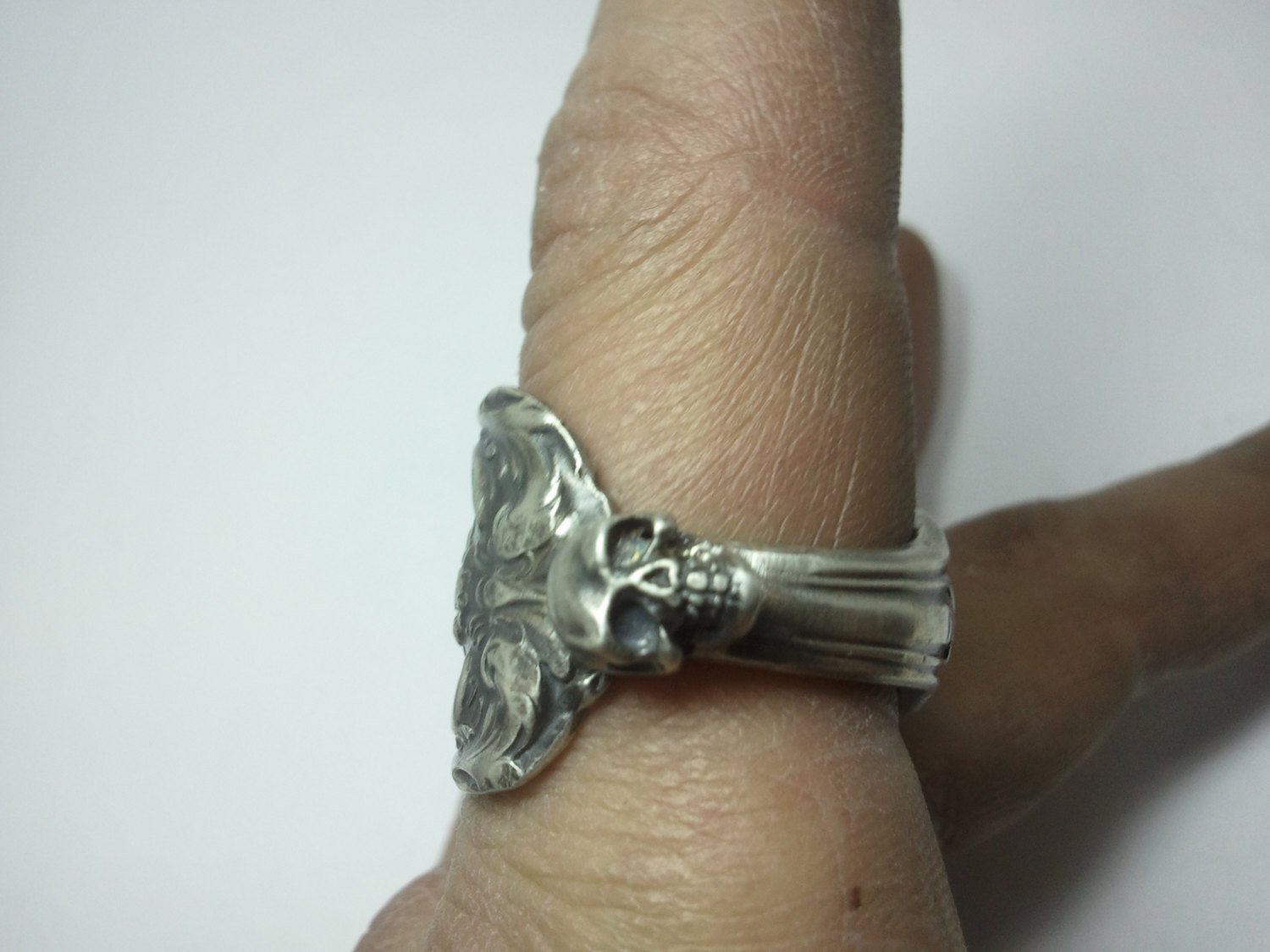 Antique Victorian Spoon Ring With skull accent 925 Sterling Silver Ring.  Size 11.5 US Custom Made to Order in USA.
