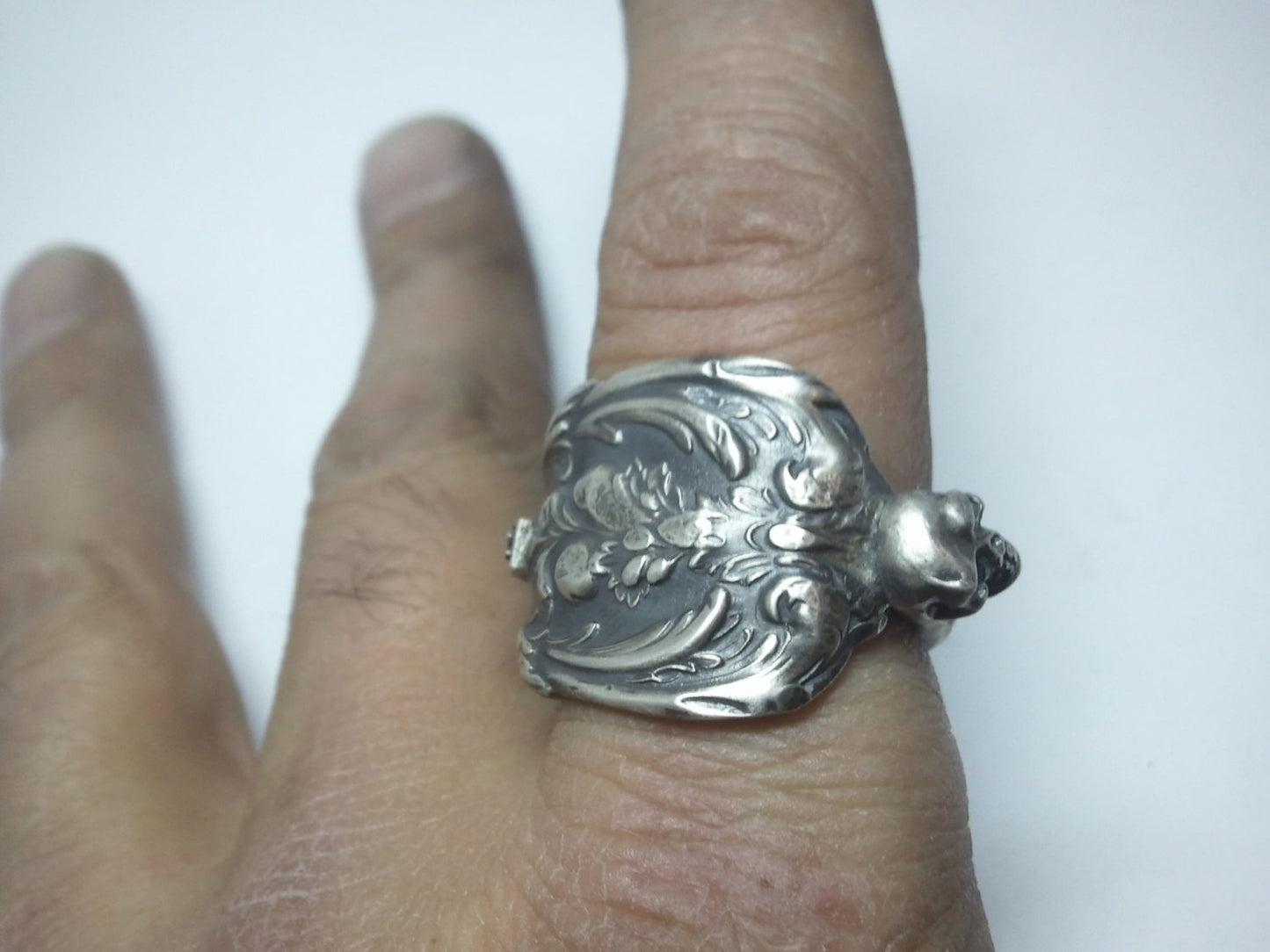 Antique Victorian Spoon Ring With skull accent 925 Sterling Silver Ring. Size 11.5 US Custom Made to Order in USA.