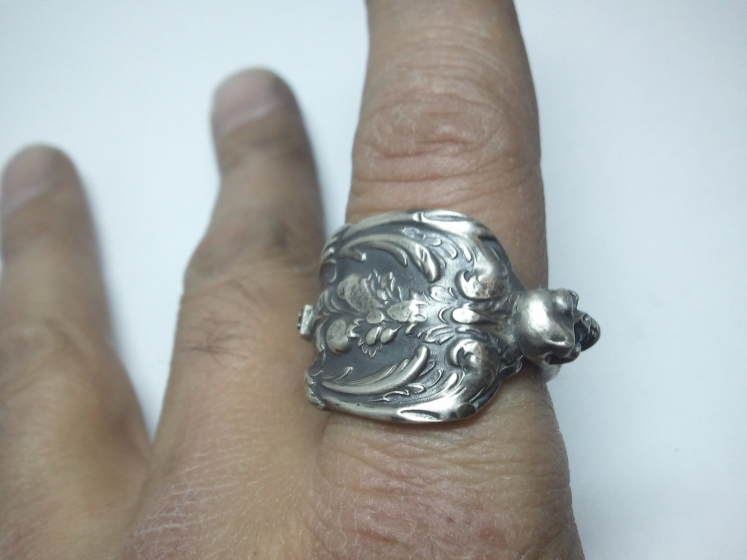 Antique Victorian Spoon Ring With skull accent 925 Sterling Silver Ring.  Size 11.5 US Custom Made to Order in USA.