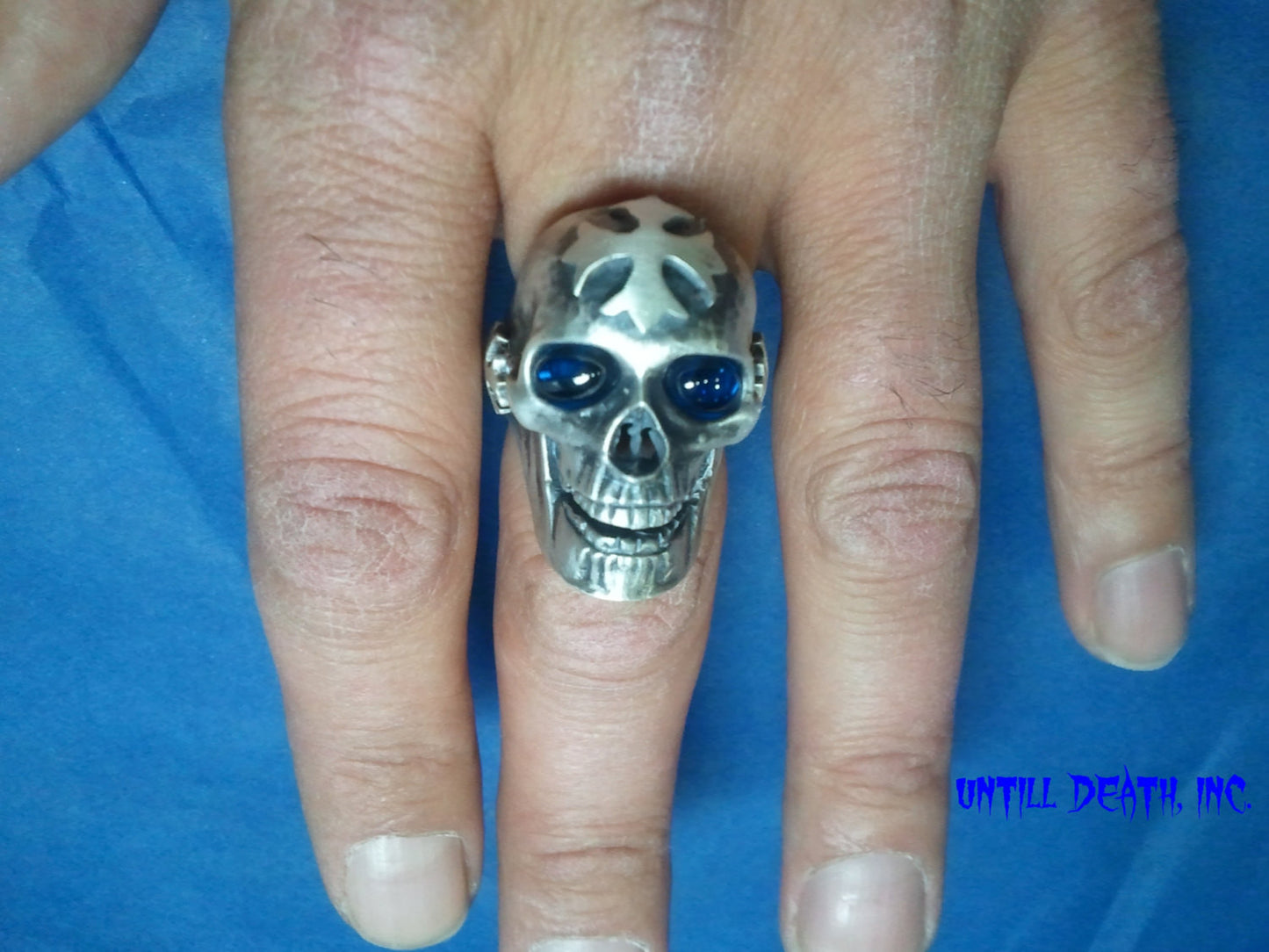 Maltese Cross &Fleur de Lis "Big Daddy" Biker Skull Ring. 925 Sterling Silver-UDINC0005