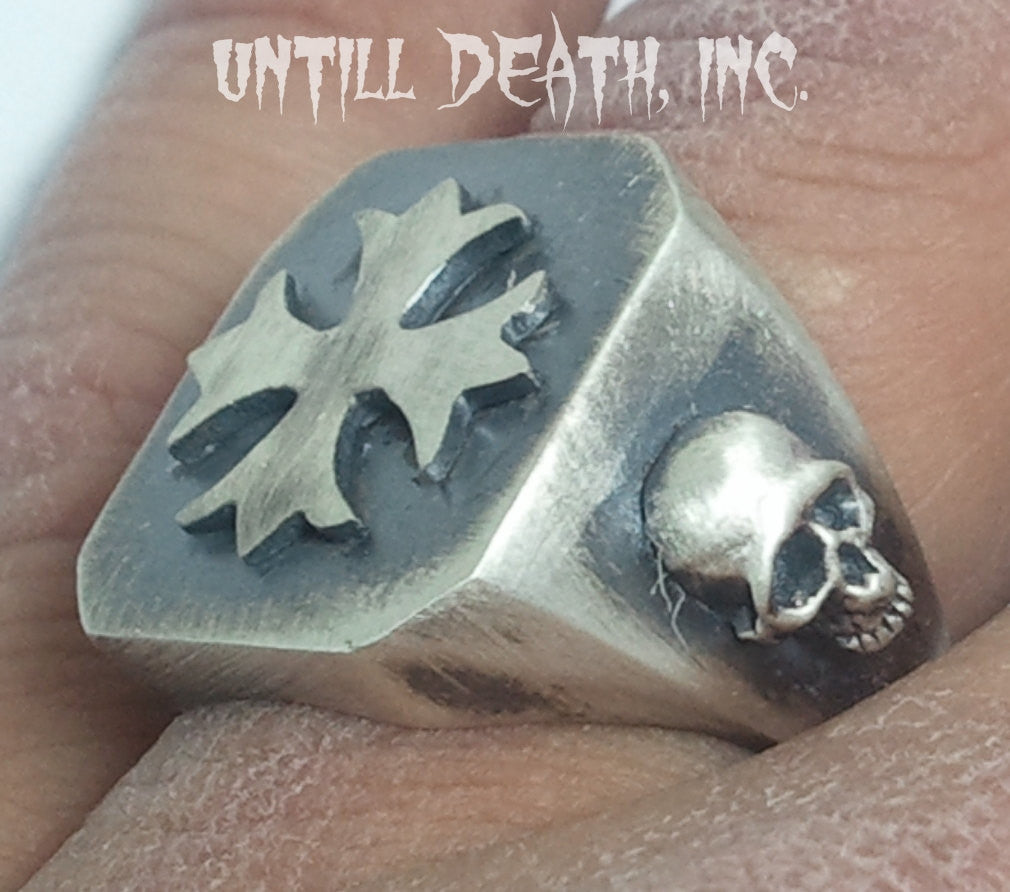 Until Death, Inc. Maltese Cross Signet Ring with Skull Accents. Solid 925 Sterling Silver.-UDINC0029