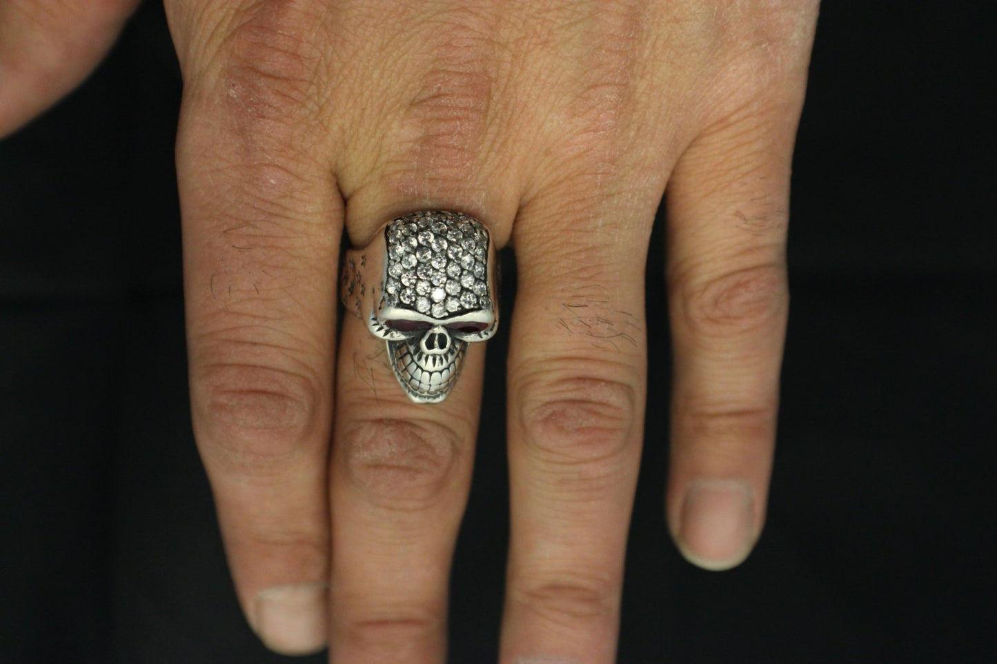 Custom Diamond Pave' Smiling Skull Ring With Ruby Eyes in STERLING SILVER- UDINC0073