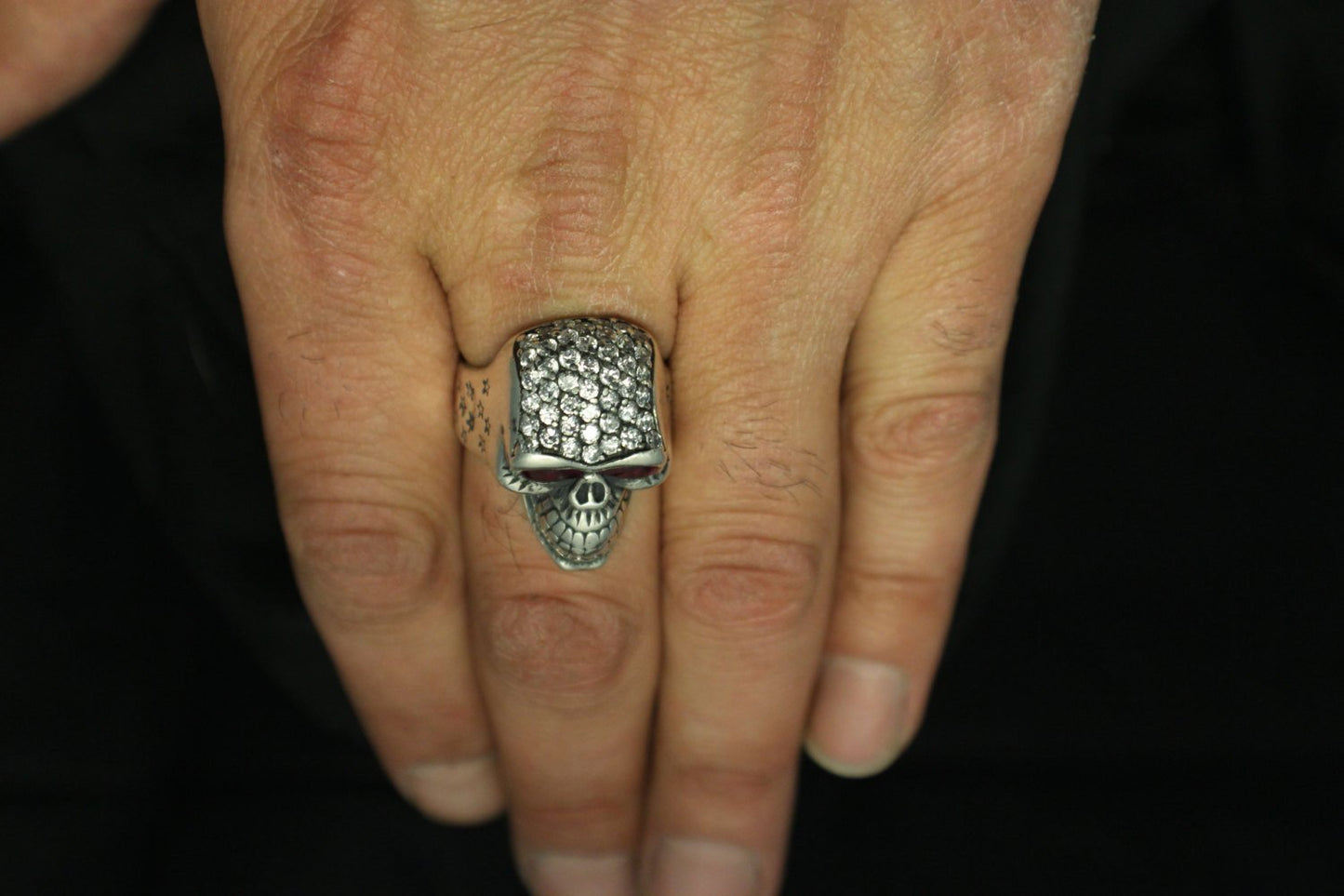 Custom Diamond Pave' Smiling Skull Ring With Ruby Eyes in STERLING SILVER- UDINC0073