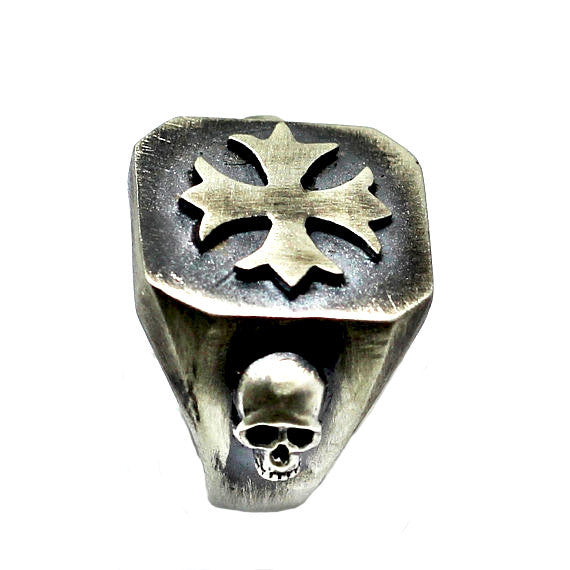 Until Death, Inc. Maltese Cross Signet Ring with Skull Accents. Solid 925 Sterling Silver.-UDINC0029