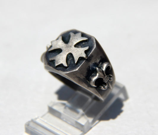 Until Death, Inc. Maltese Cross Signet Ring with Fleur De Lis Accents. Solid 925 Sterling Silver.
