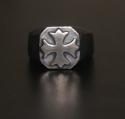 Until Death, Inc. Maltese Cross Signet Ring Gun Metal Finish. Solid 925 Sterling Silver.-UDINC0028