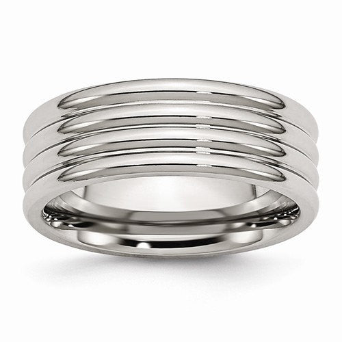 Men's Wedding Band-Stainless Steel Grooved 8mm Polished Band-UDINC0372